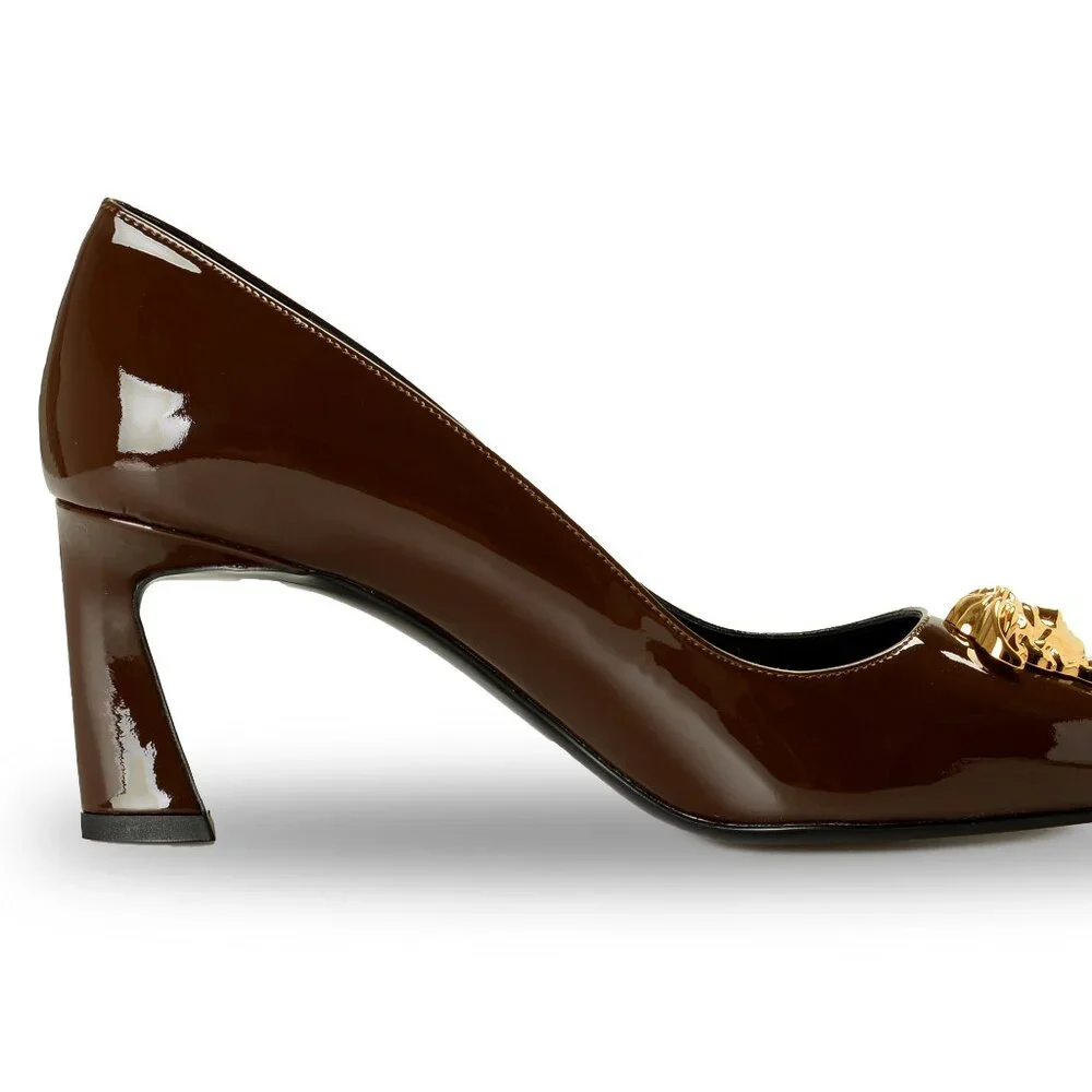 Versace Women's Gold Medusa Chocolate Patent Leather Pump Shoes US 10 IT 40 - Picture 4 of 8